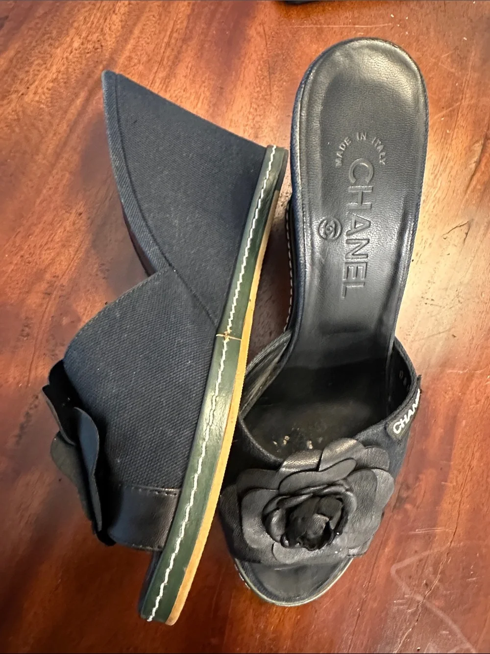 CHANEL Black Camellia Block Heel Mules
